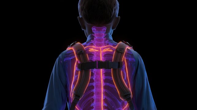 Medical visualization revealing spinal and shoulder stress points from backpack carrying, demonstrating potential musculoskeletal strain and ergonomic challenges for students
