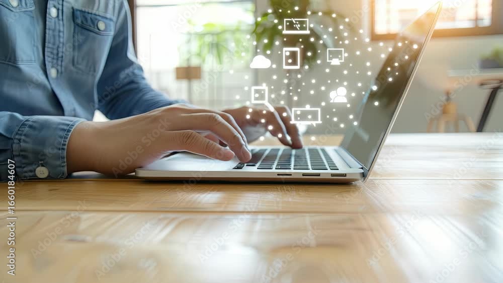Poster person focuses on online activities at a home workspace, emphasizing digital interaction and product