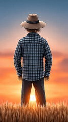 Farmer in sunrise, man wearing straw hat and denim shirt gazing over golden fields, peaceful rural landscape, inspirational vibe.