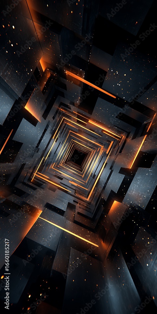 Poster abstract futuristic background with glowing orange lines and geometric shapes, creating a modern and