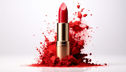  Red lipstick with red lipstick powder explosion isolated on white background.
