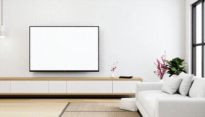 Living room with white sofa and large blank screen TV