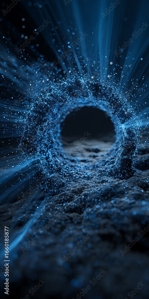 Poster mysterious portal of glowing blue light, creating a futuristic and abstract background with a sense 