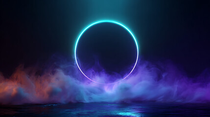 Glowing neon oval portal illuminates misty atmosphere with vibrant blue and purple hues