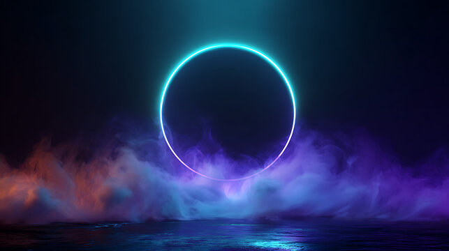 Glowing neon oval portal illuminates misty atmosphere with vibrant blue and purple hues