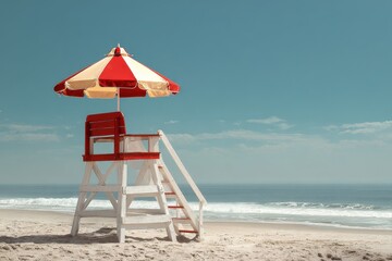 Lifeguard Umbrella at Beach Stand. Sand and Sea Shore Rescue