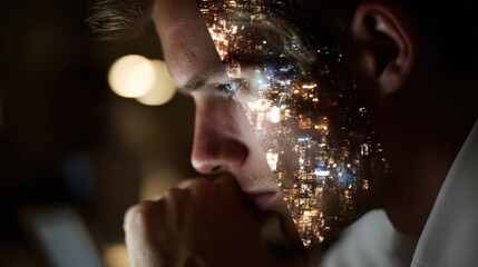 Male figure with city lights overlay, contemplating ideas in a dimly lit environment, showcasing creativity