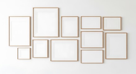 Collection of empty photo frames arranged creatively on a light gray wall