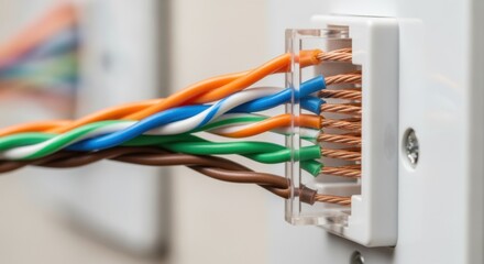 Side profile of an Ethernet keystone jack wired inwall showcasing organized twisted pairs punched down for optimal data flow.