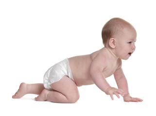 Cute little baby crawling on white background