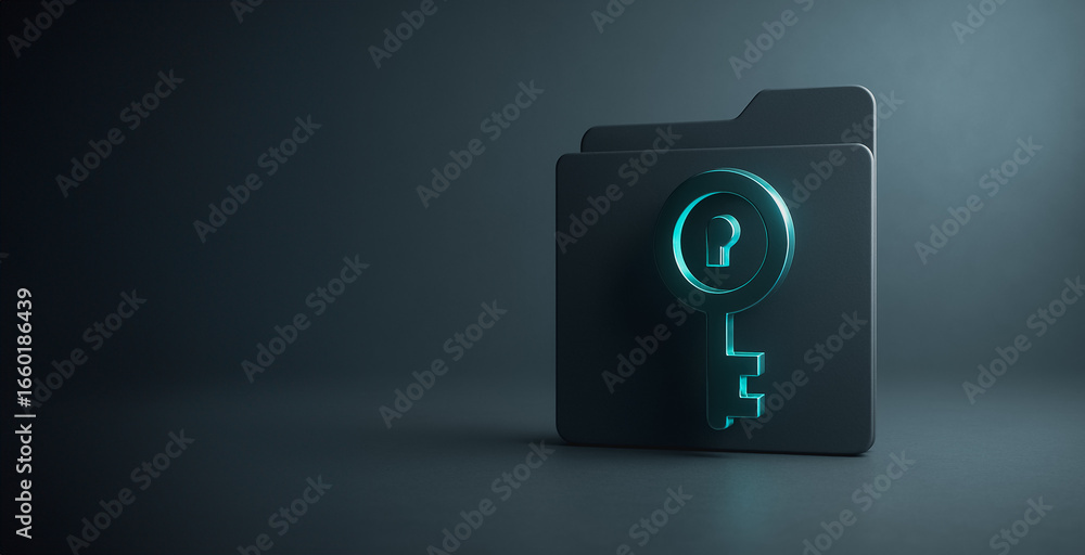 Poster secured folder access: a digital rendering depicts a secure folder, illuminated with a glowing key, 