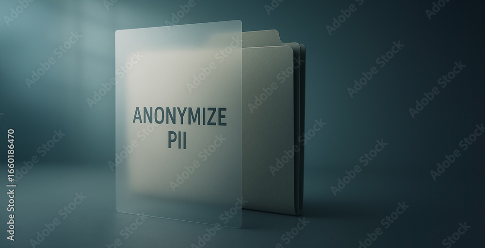 Poster Data Anonymization: A conceptual studio shot of a file folder, subtly illuminated, suggesting careful management and protection of sensitive data and privacy.