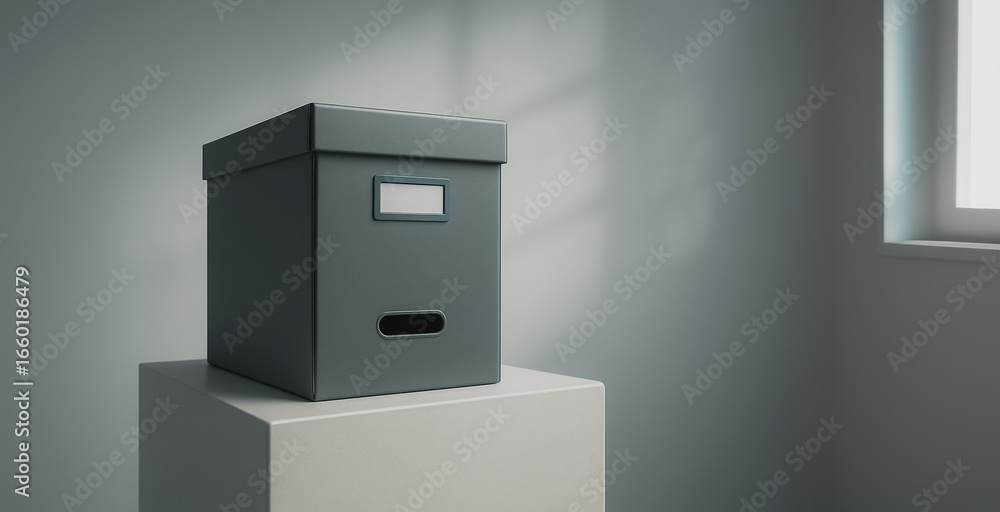 Poster archive box still life: a simple gray archive box, placed atop a pristine platform. this image highl