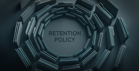 Retention Policy: A compelling visual highlighting a retention policy in a striking, artistic composition. The image features a dynamic arrangement, a center text and file folders suggesting order.