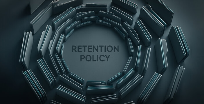 Retention Policy: A compelling visual highlighting a retention policy in a striking, artistic composition. The image features a dynamic arrangement, a center text and file folders suggesting order.