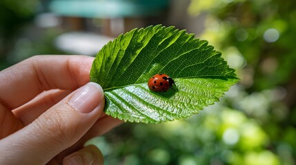 Obraz premium Closeup of a Ladybug on a Vibrant Green Leaf Held in Hand in a Lush Garden Environment