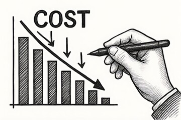 A hand drawing a decreasing cost graph with a downward trend line and arrows