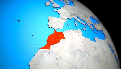 Detailed geographical presentation of Morocco highlighted on a 3D world map, showcasing its location and borders.