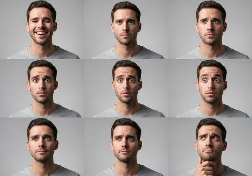 Man portraying a spectrum of emotions, expressive portrait collection series
