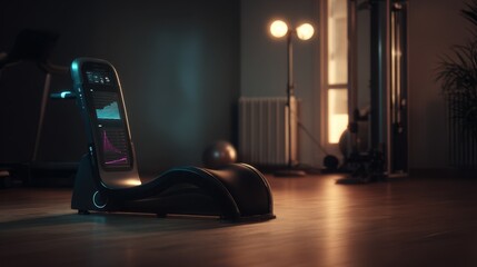 Close medium view on sleek pelvicfloor trainer showing pelvic muscle activity data projected upward with gentle ceiling light blur adding depth to smart fitness theme.
