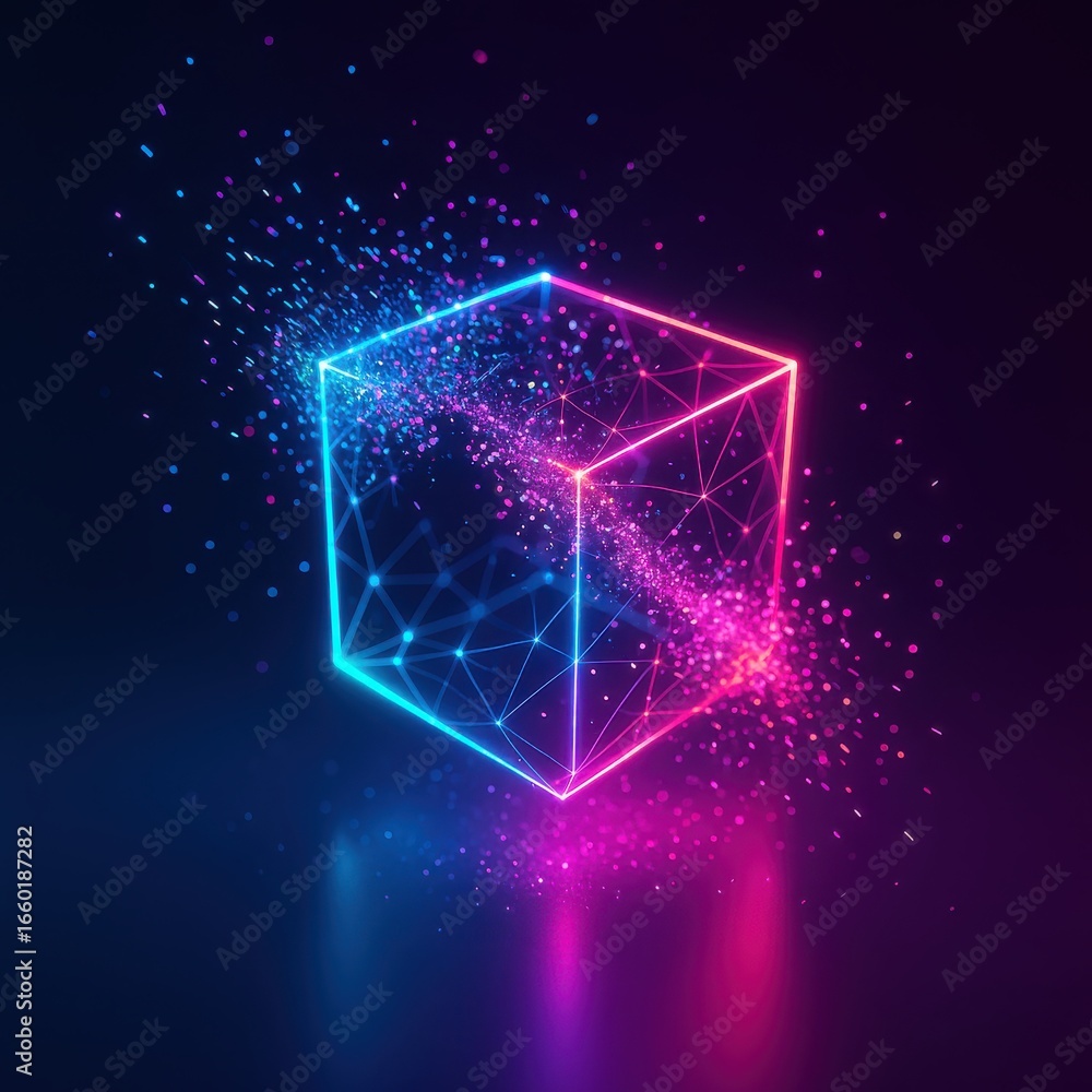 Poster abstract glowing cube with network connections and dispersed particles on dark background