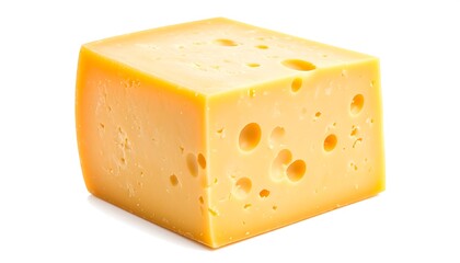 A close-up view of a rectangular block of swiss cheese, exhibiting its characteristic holes and smooth texture against a bright white background.