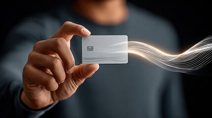 Hand Holding Silver Credit Card with Light Trails