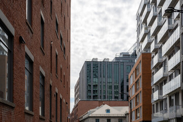 Close-up view of urban buildings in Old Montreal.