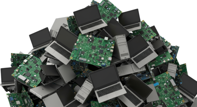 Etrash. Pile of Discarded Electronic Waste Components for Recycling. Pile of Electronic Waste with Laptops and Circuit Boards on White