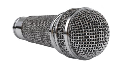 Close-up of a shiny, silver microphone on a black background, angled view