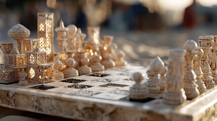 Intricate chess set with ornate pieces displayed on a beautifully crafted board in natural light