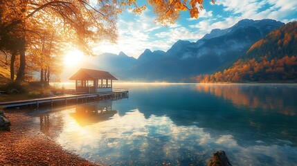 Serene autumn lake with mountain backdrop and gazebo