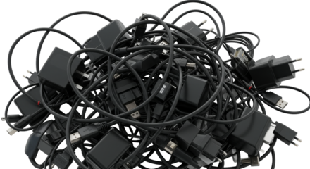Etrash. Pile of Discarded Electronic Waste Components for Recycling. Tangled Black Cables and Adapters Heap on White Background