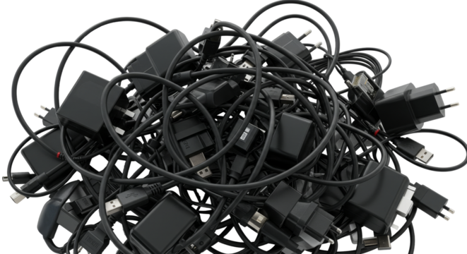 Etrash. Pile of Discarded Electronic Waste Components for Recycling. Tangled Black Cables and Adapters Heap on White Background
