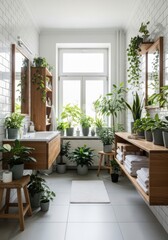 Fototapeta premium Serene bathroom filled with lush indoor greenery, showcasing natural light