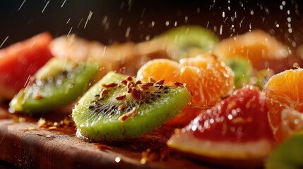 Freshly sliced fruits with water droplets on wooden board showcasing vibrant colors and textures