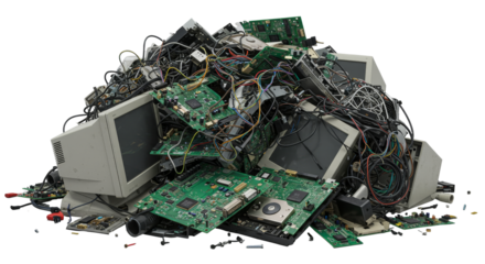 Etrash. Pile of Discarded Electronic Waste Components for Recycling. Pile of Discarded Electronic Waste with Circuits and Cables on Gray