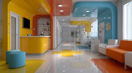 Bright and Modern Children's Clinic Waiting Area with Vibrant Colors and Playful Design