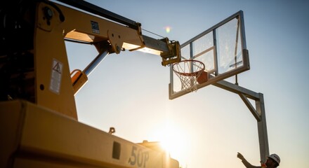 Slow pan capturing the hydraulic lift raising a newly assembled basketball backboard for precise alignment on a metal pole.