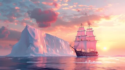 A vivid digital artwork depicting a sailing ship in a serene maritime setting. The ship, with its three masts and pink sails, is set against a backdrop of a large iceberg floating in the ocean.