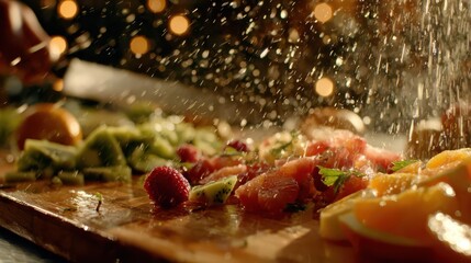 Vibrant assortment of fresh fruits being chopped on a wooden cutting board with splashes of water
