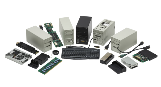 Etrash. Pile of Discarded Electronic Waste Components for Recycling. Computer Parts Arrangement on White Background Electronic Hardware