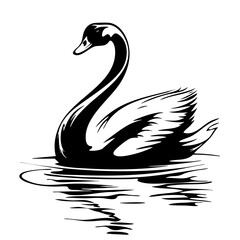 Elegant black vector of a swan gliding gracefully across serene waters with intricate feather details