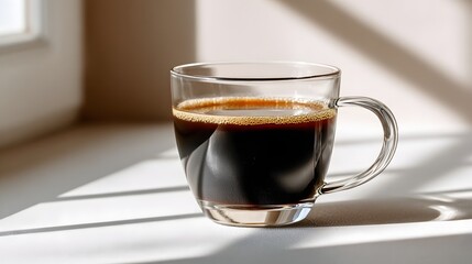 Clear Glass Coffee Cup on a Sunlit Surface with Soft Shadows and Warm Tones