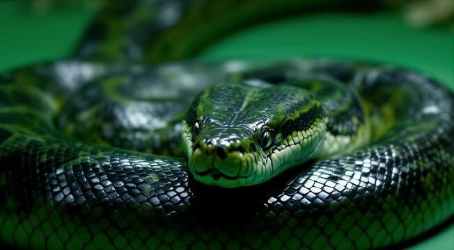 Green anaconda coiled, slithering danger and mystery unfolds, a mesmerizing reptile video