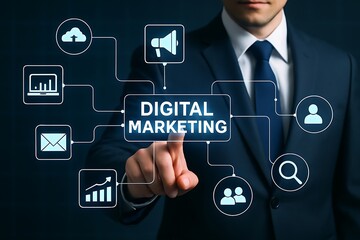 Obraz premium Businessman in suit interacting with digital marketing icons on a dark background