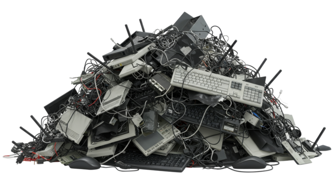 Etrash. Pile of Discarded Electronic Waste Components for Recycling. Discarded Electronic Waste Pile with Gray Keyboards and Black Cords on White
