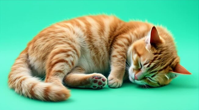 Sweet orange tabby kitten is resting comfortably, dreaming happily of chasing playful mice