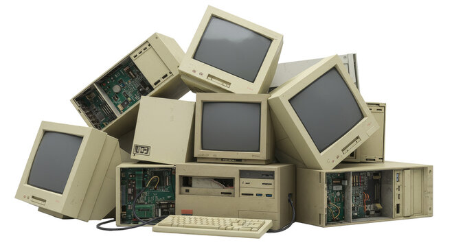 Etrash. Pile of Discarded Electronic Waste Components for Recycling. Pile of Vintage Beige Computer Monitors and CPU Towers on White Background