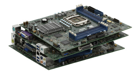 Etrash. Pile of Discarded Electronic Waste Components for Recycling. Stacked Computer Motherboards Green with Electronic Components on White